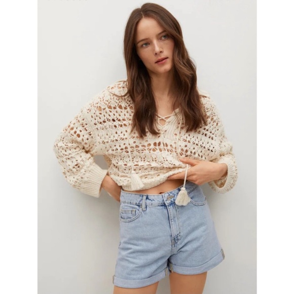 MANGO Cream Openwork Holbox Sweater Crochet Open Knit Lace Up Polo Top S - Picture 2 of 6